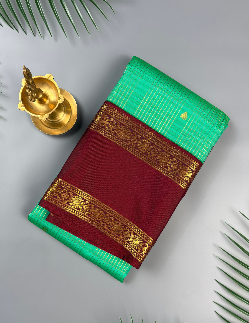 Rama Green Soft Semi Silk Kanjivaram  Saree with Rich Maroon Korvai Zari Border
