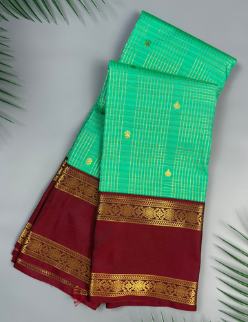 Rama Green Soft Semi Silk Kanjivaram  Saree with Rich Maroon Korvai Zari Border