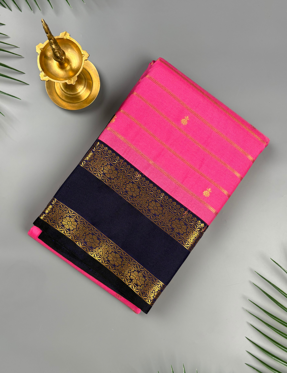 Rose Pink Soft Semi Silk Kanjivaram Saree with Navy Blue Korvai Gold Zari Border