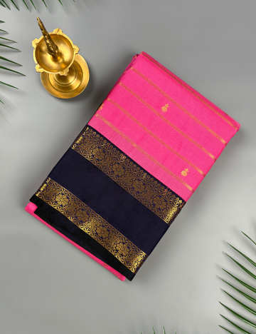 Rose Pink Soft Semi Silk Kanjivaram Saree with Navy Blue Korvai Gold Zari Border