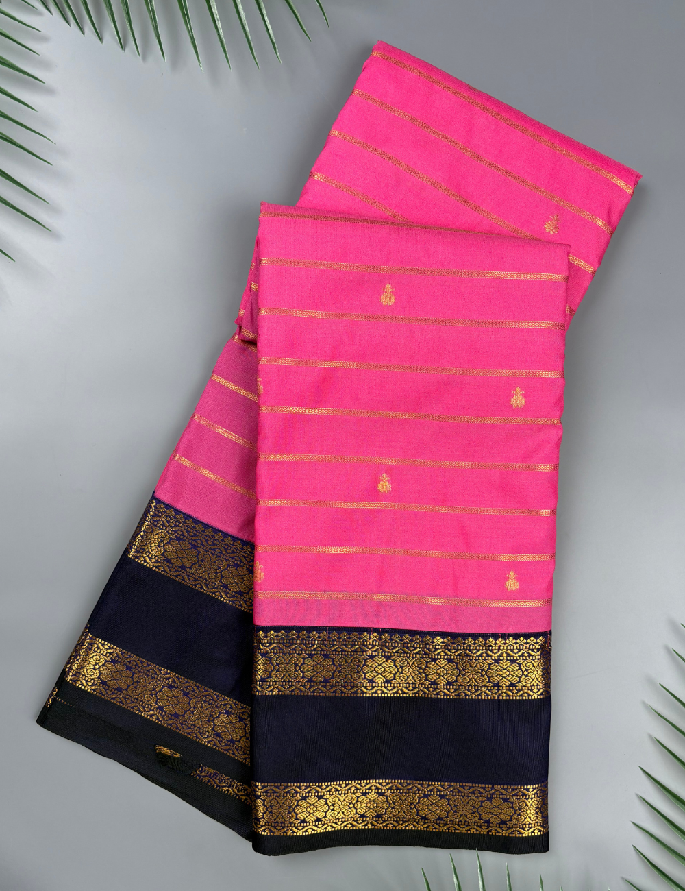 Rose Pink Soft Semi Silk Kanjivaram Saree with Navy Blue Korvai Gold Zari Border