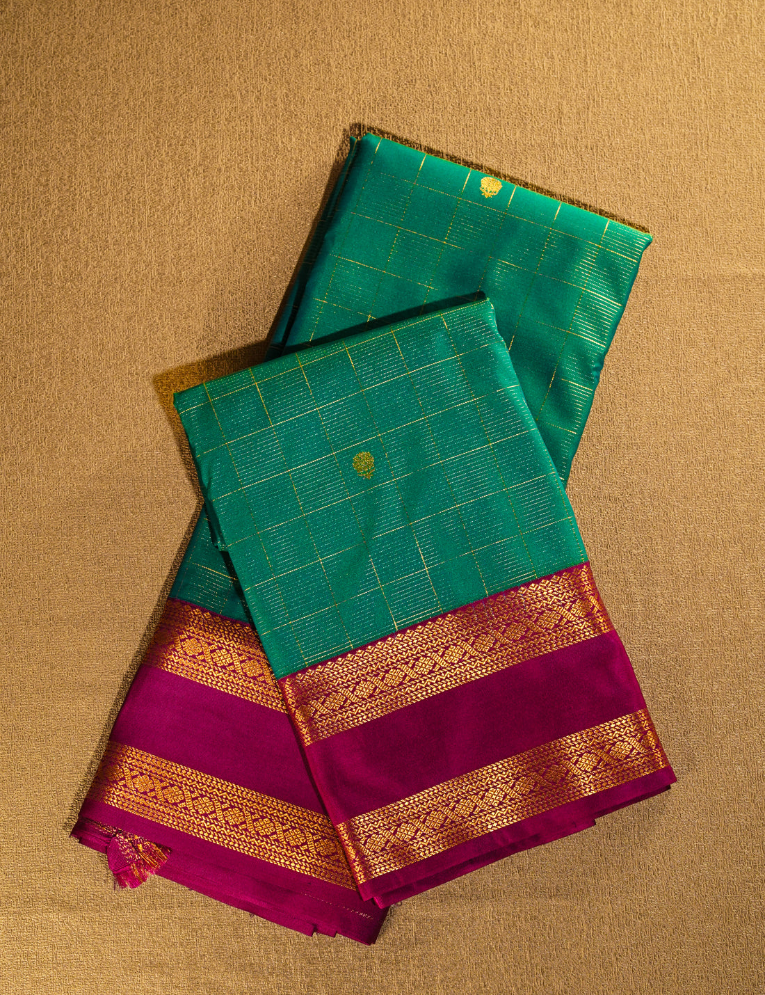 Peacock Green Soft Semi Silk Kanjivaram Saree with Rani Pink Korvai Zari Border