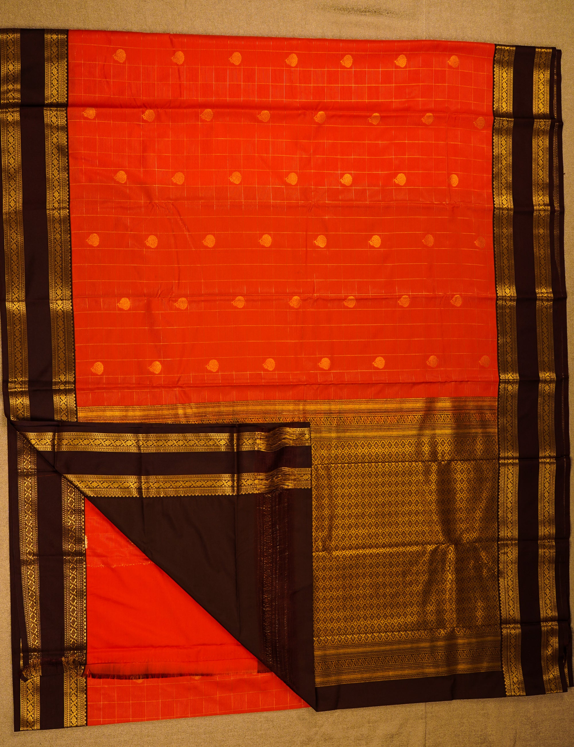 Rust Orange Soft Semi Silk Kanjivaram with Brown Korvai Zari Border