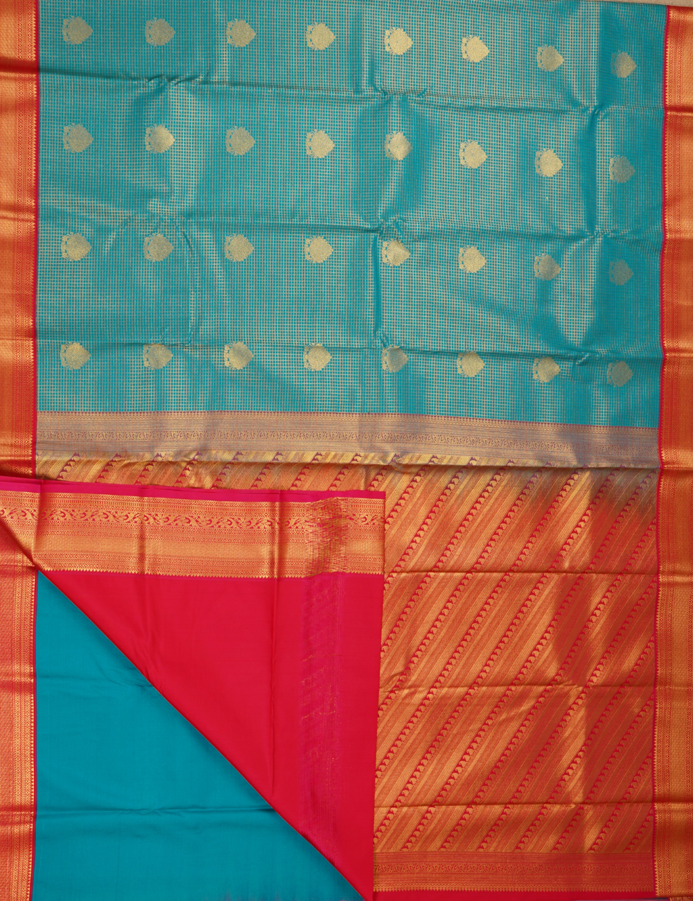 Teal Blue Soft Semi Silk Kanjivaram Saree with Rose Zari Border