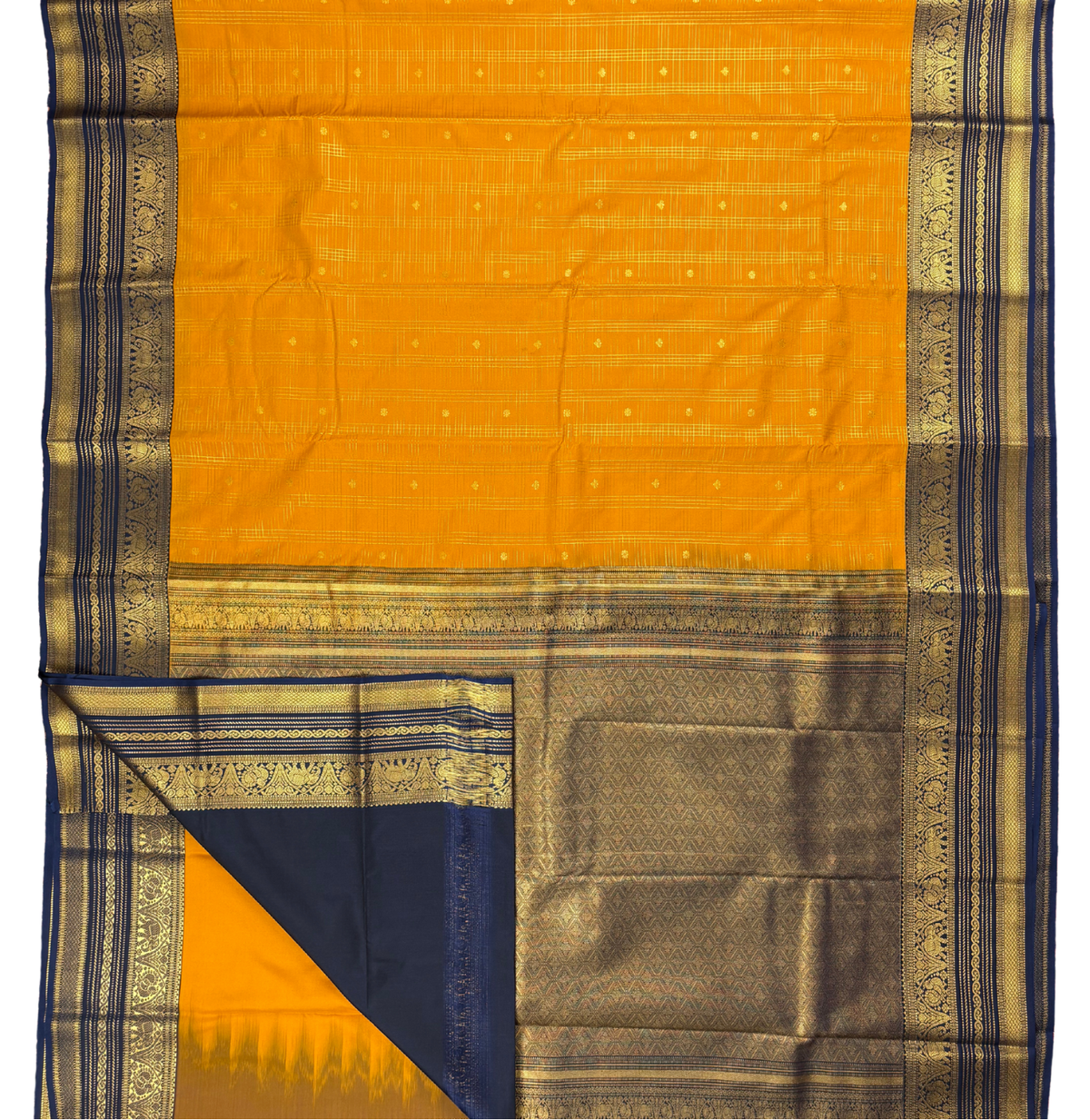 Mustard Yellow Soft Semi Silk Kanjivaram Saree with Navy Blue Border