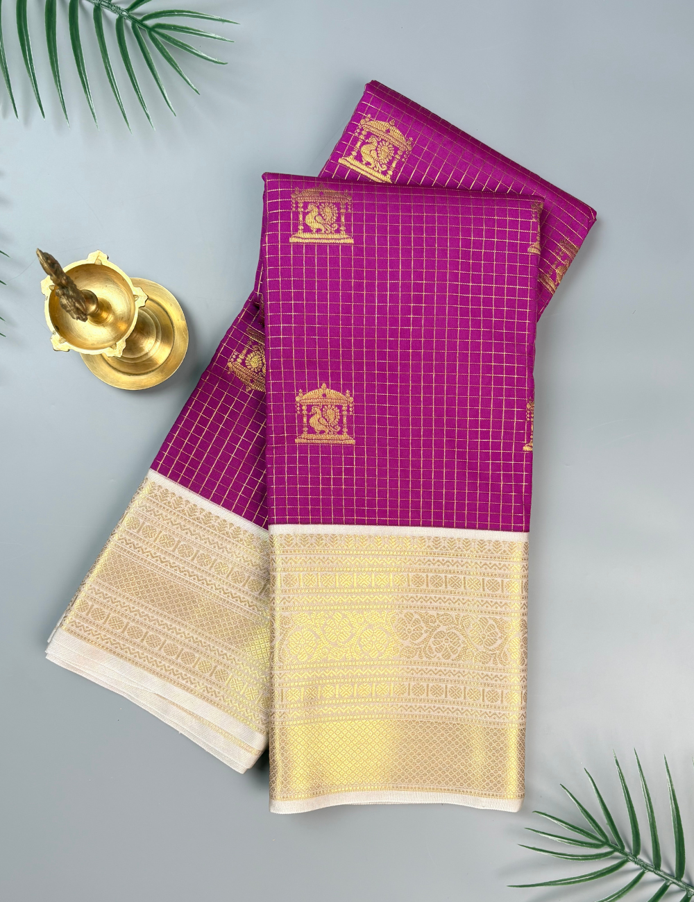 Magenta Soft Semi Silk Kanjivaram Saree with Off white Korvai Zari Border