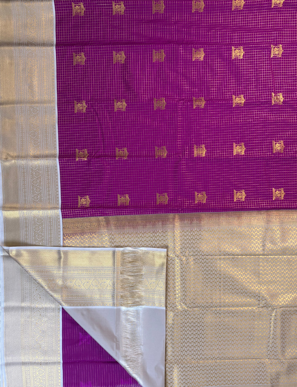 Magenta Soft Semi Silk Kanjivaram Saree with Off white Korvai Zari Border
