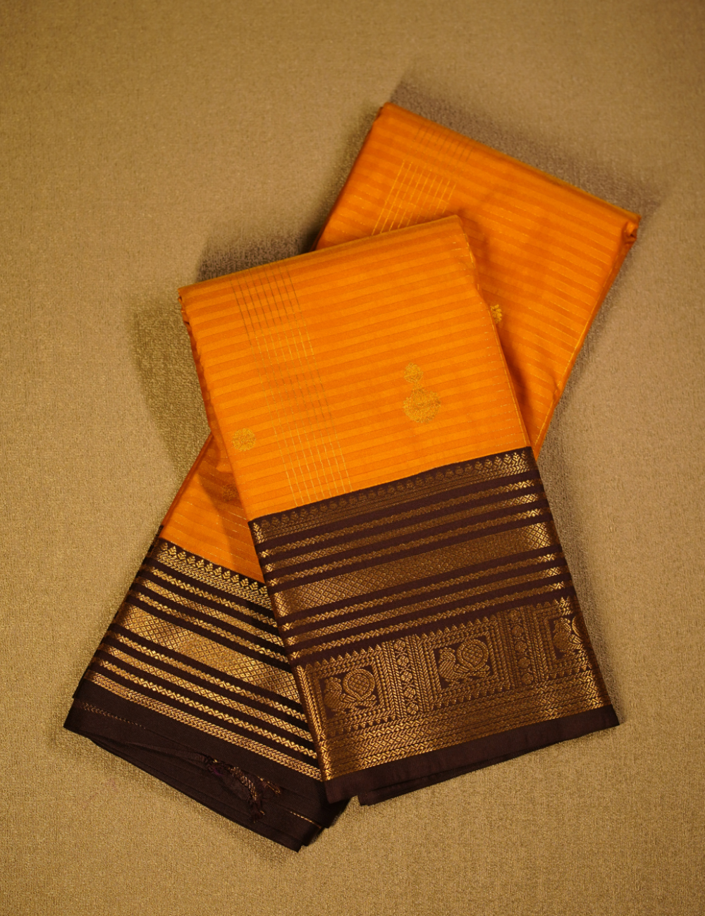 Mustard Yellow Soft Semi Silk Kanchipuram Saree with Brown Korvai Zari Border