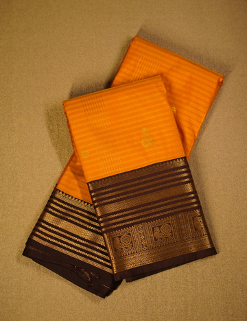 Mustard Yellow Soft Semi Silk Kanchipuram Saree with Brown Korvai Zari Border