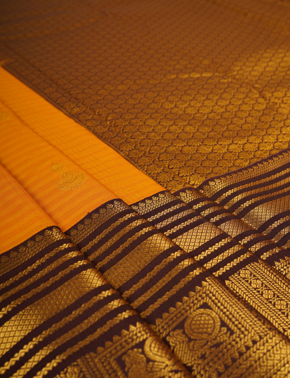 Mustard Yellow Soft Semi Silk Kanchipuram Saree with Brown Korvai Zari Border