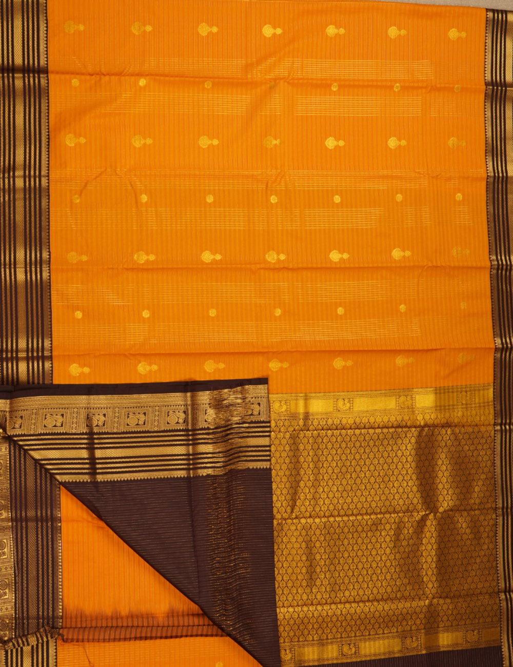 Mustard Yellow Soft Semi Silk Kanchipuram Saree with Brown Korvai Zari Border