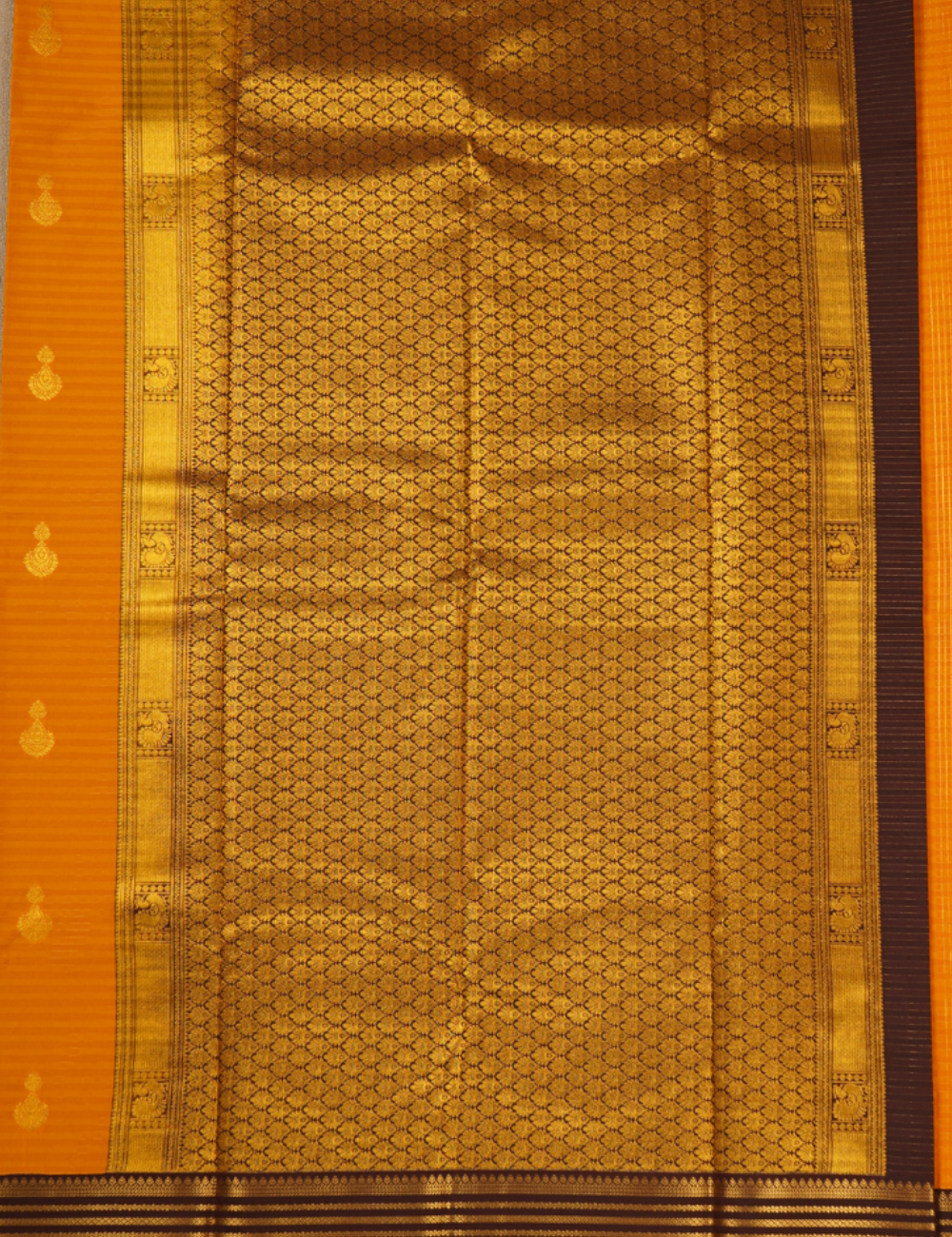 Mustard Yellow Soft Semi Silk Kanchipuram Saree with Brown Korvai Zari Border