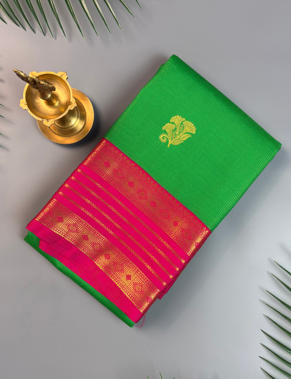 Parrot Green Soft Semi Silk Kanjivaram Saree with Rose Pink Korvai Border