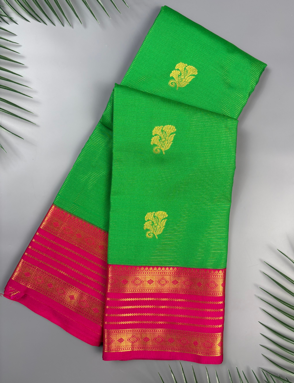Parrot Green Soft Semi Silk Kanjivaram Saree with Rose Pink Korvai Border
