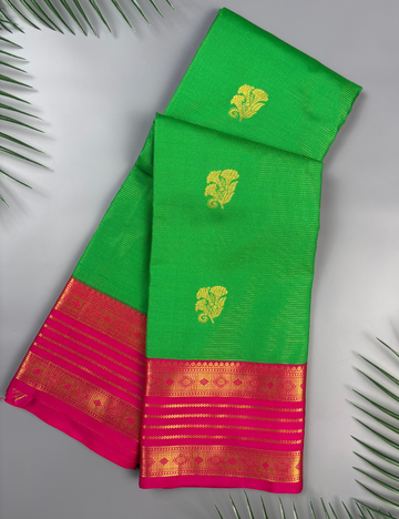 Parrot Green Soft Semi Silk Kanjivaram Saree with Rose Pink Korvai Border