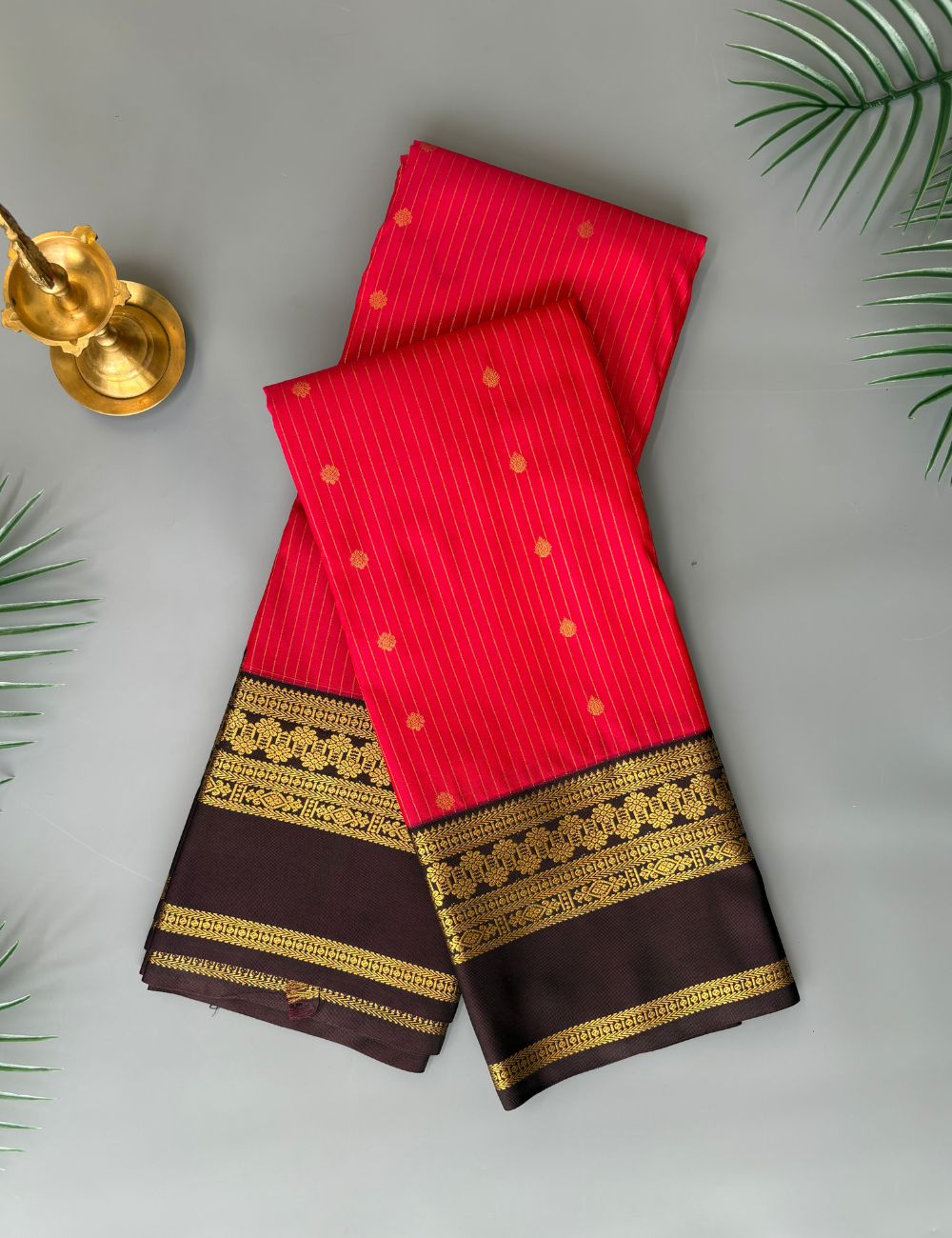 Ruby Red and Deep purple Semi Silk Saree with Intricate Golden Zari Border
