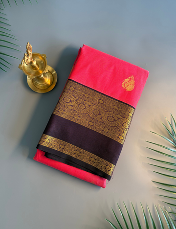 Rose Pink Soft Semi Silk Kanjivaram Saree Dark Purple Rich Zari Border