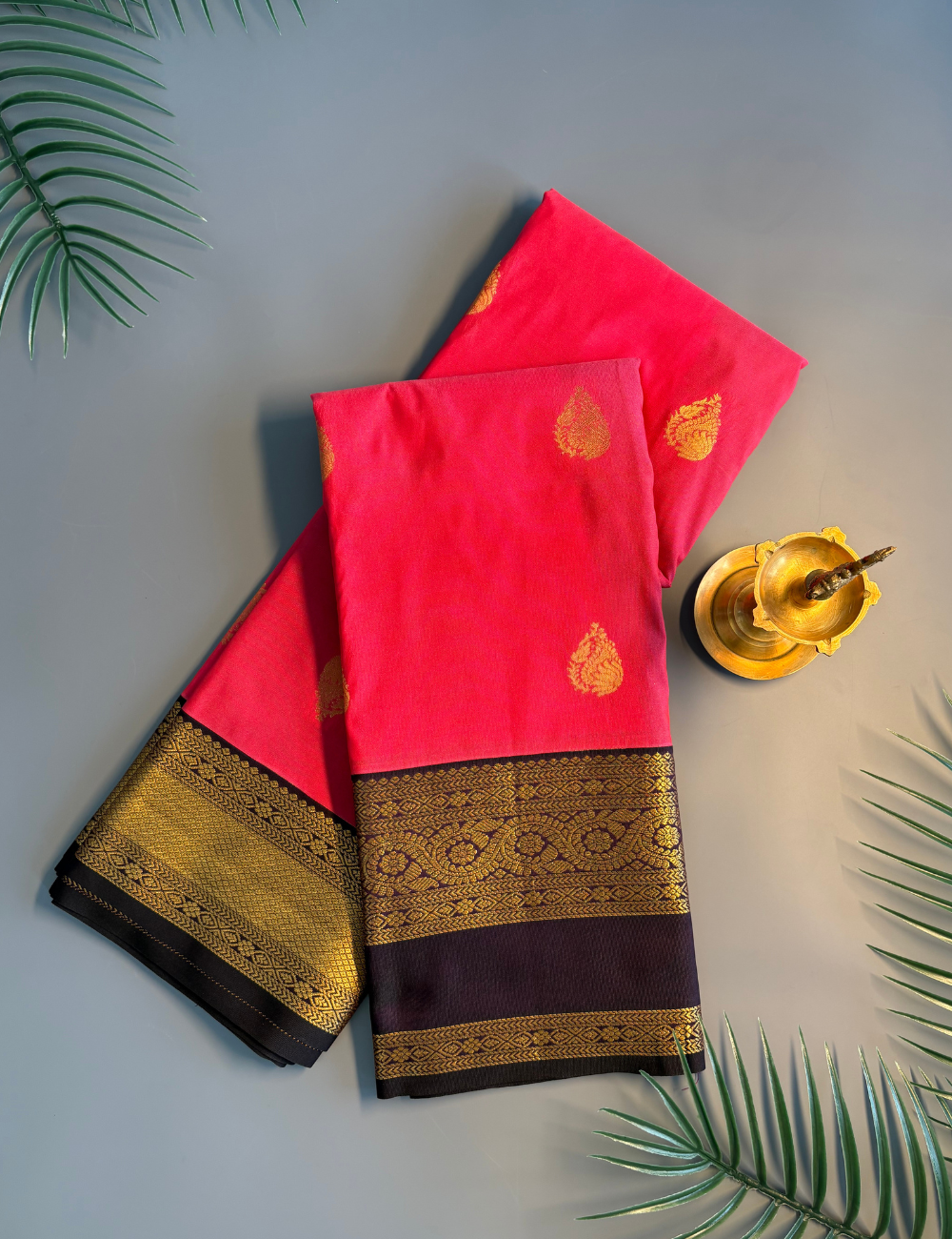 Rose Pink Soft Semi Silk Kanjivaram Saree with Dark Purple Rich Korvai Zari Border