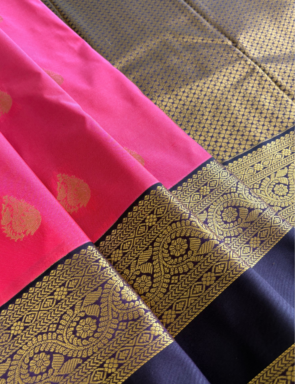 Rose Pink Soft Semi Silk Kanjivaram Saree Dark Purple Rich Zari Border