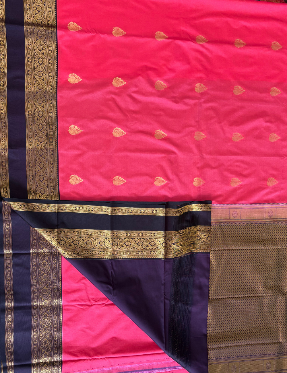 Rose Pink Soft Semi Silk Kanjivaram Saree Dark Purple Rich Zari Border