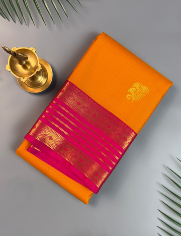 Golden Yellow Soft Semi Silk Kanjivaram Saree with Rani Pink Korvai Gold Zari Border