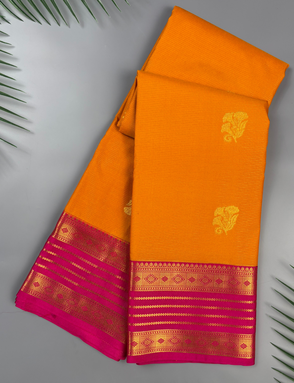 Golden Yellow Soft Semi Silk Kanjivaram Saree with Rani Pink Korvai Gold Zari Border